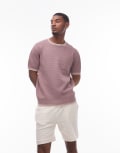 [Topman] Topman ottoman knit t-shirt with piped collar and hem in mauve-Purple M Mauve