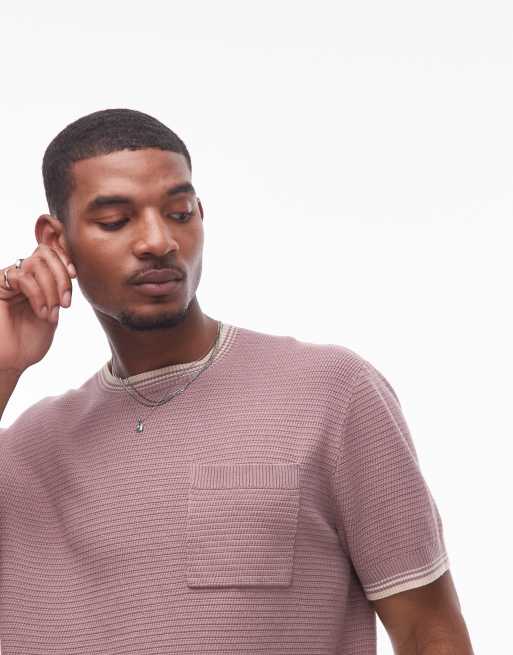 Topman ottoman knit t-shirt with piped collar and hem in mauve