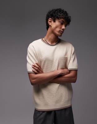 ottoman knit t-shirt with piped collar and hem in stone-Neutral