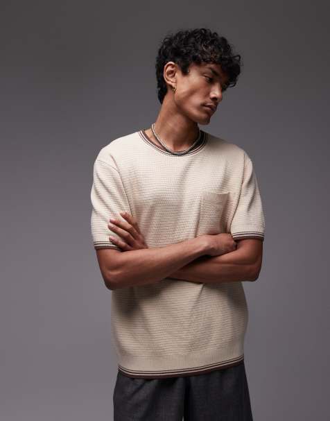 Topman ottoman knit t-shirt with piped collar and hem in stone - view 1