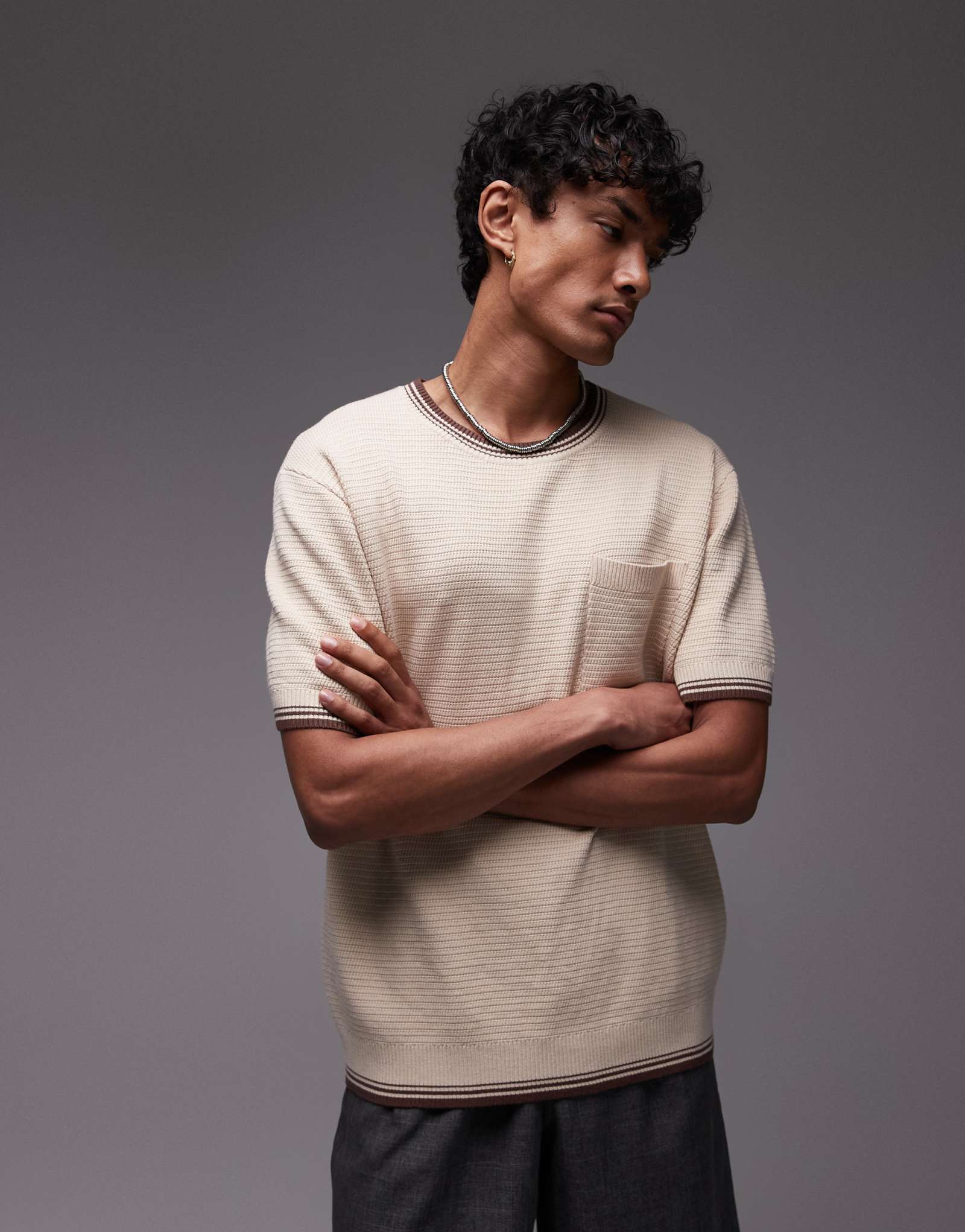 Трикотажная футболка Topman ottoman с отложным воротником и подолом из камня