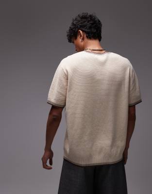 Topman Ottoman Knit T-shirt With Piped Collar And Hem In Neutral
