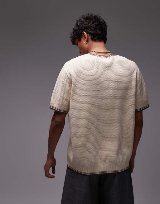 Topman ottoman knit with piped collar and hem in stone, 2 of 4