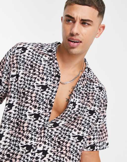 Topman - Overhemd met abstracte pied-de-poule in roze en zwart-wit