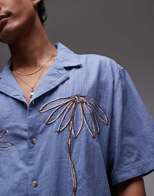 Topman - Overhemd met bloemenborduursel in blauw, 4 van 4