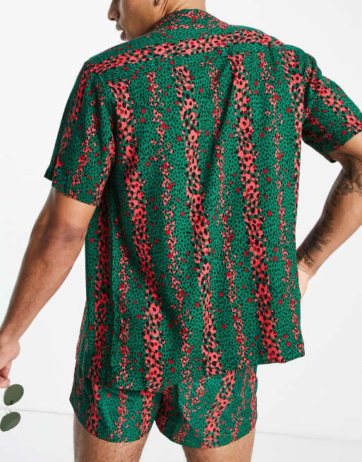 Topman - Overhemd met diepe reverskraag en gestreepte dierenprint in groen, 2 van 4