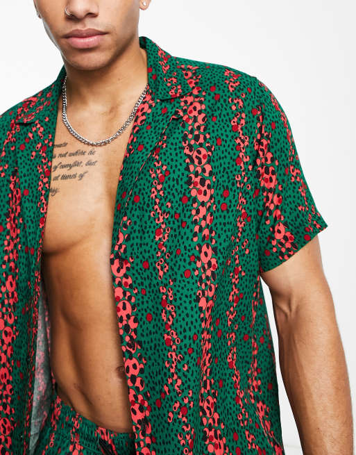 Topman - Overhemd met diepe reverskraag en gestreepte dierenprint in groen, 3 van 4