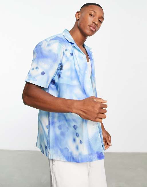 Topman - Overhemd met graffiti spuitprint in blauw