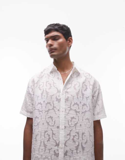 Topman - Overhemd met korte mouwen en deels transparante print in ivoorkleur