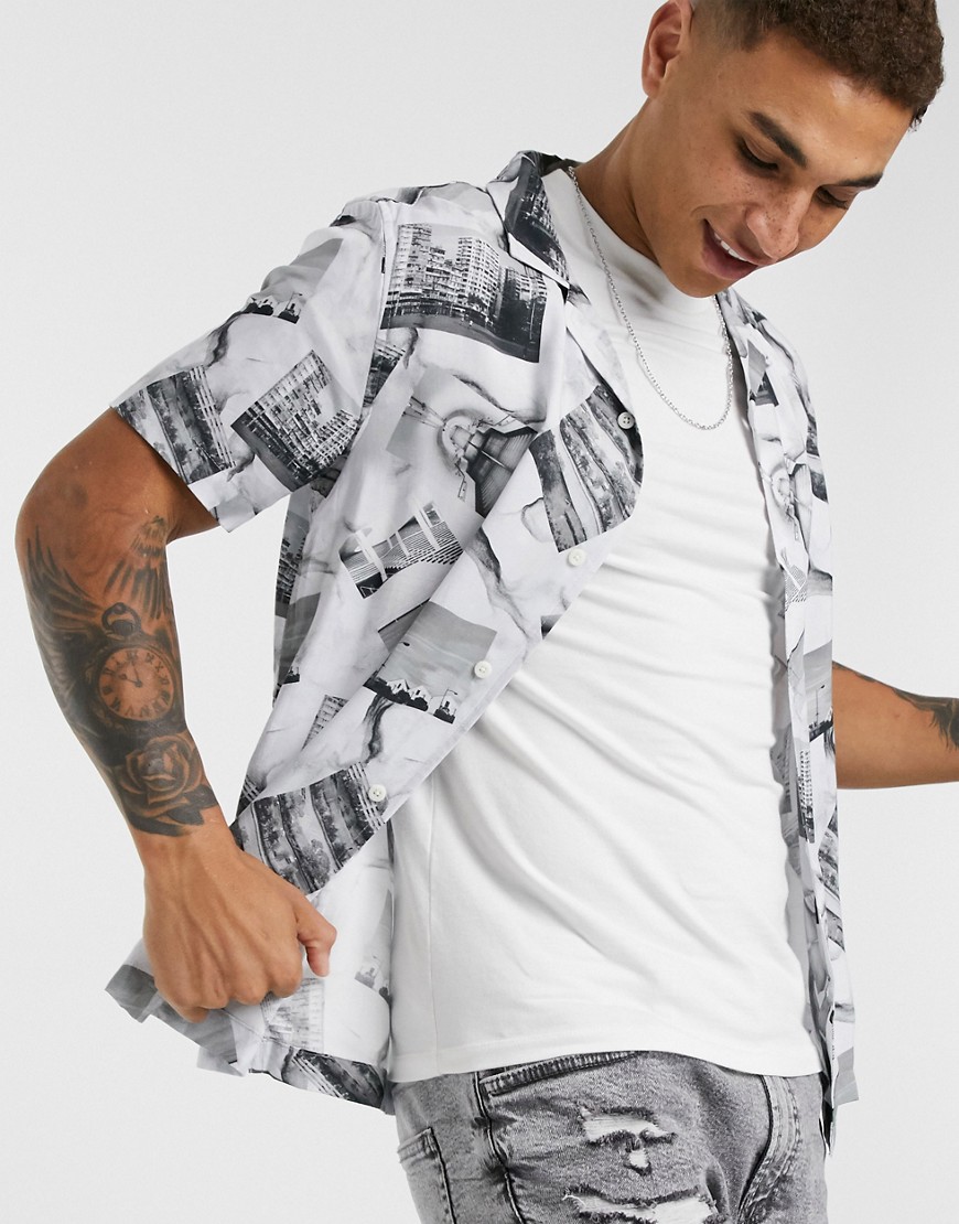 Topman - Overhemd met korte mouwen en fotoprint in zwart-wit-Multi