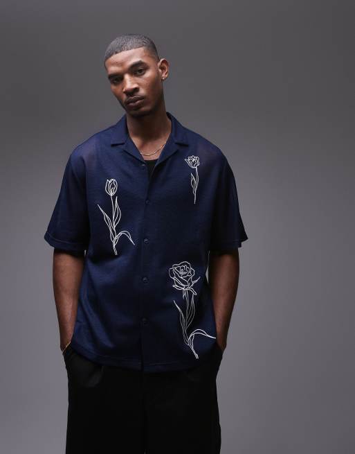 Topman - Overhemd met korte mouwen en geborduurde bloemen in marineblauw