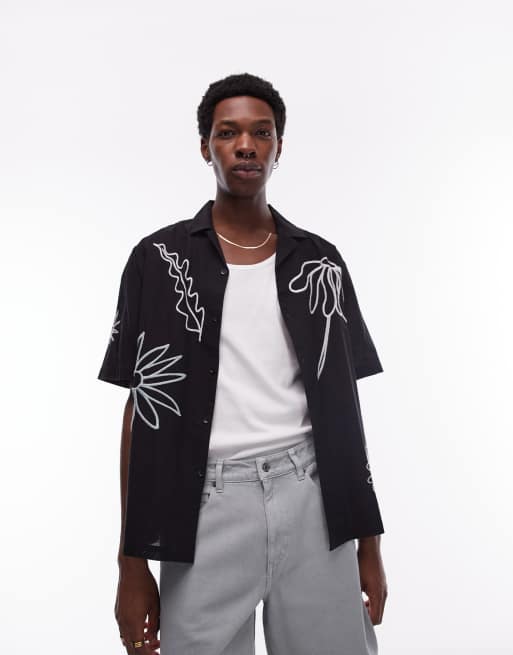 Topman - Overhemd met korte mouwen en geborduurde bloemen in zwart