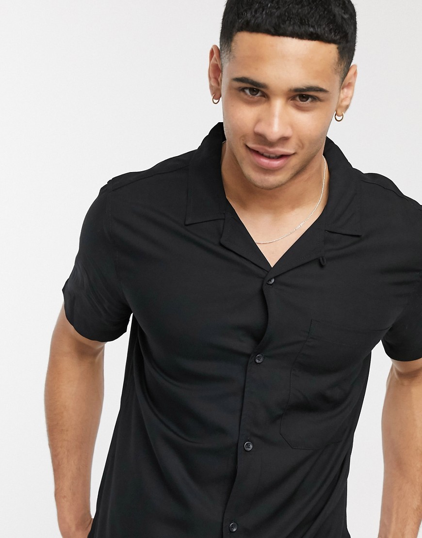 Topman - Overhemd met korte mouwen en reverskraag in zwart