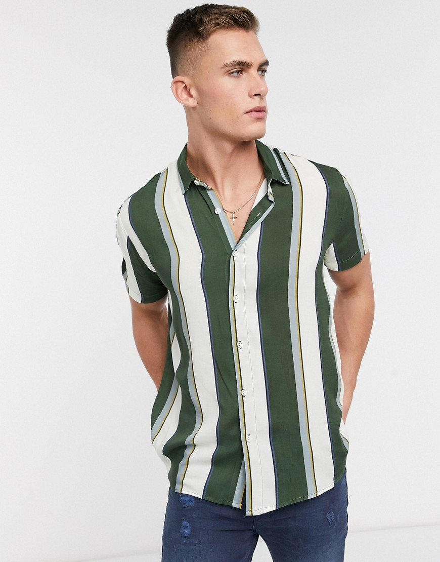 Topman - Overhemd met korte mouwen en verticale strepen in kaki-Groen