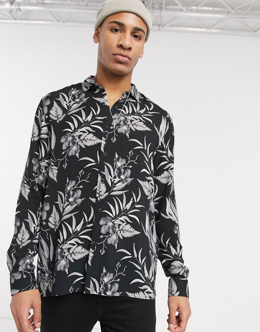 Topman - Overhemd met lange mouwen en bloemenprint in zwart