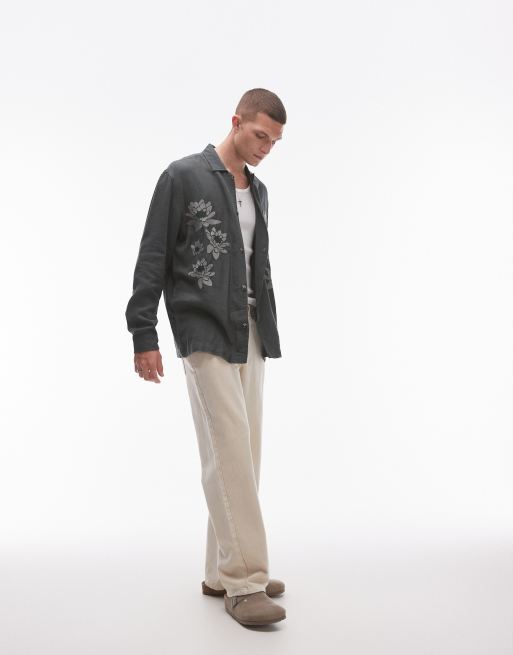 Topman - Overhemd met lange mouwen en borduursels op de voorkant in groenblauw