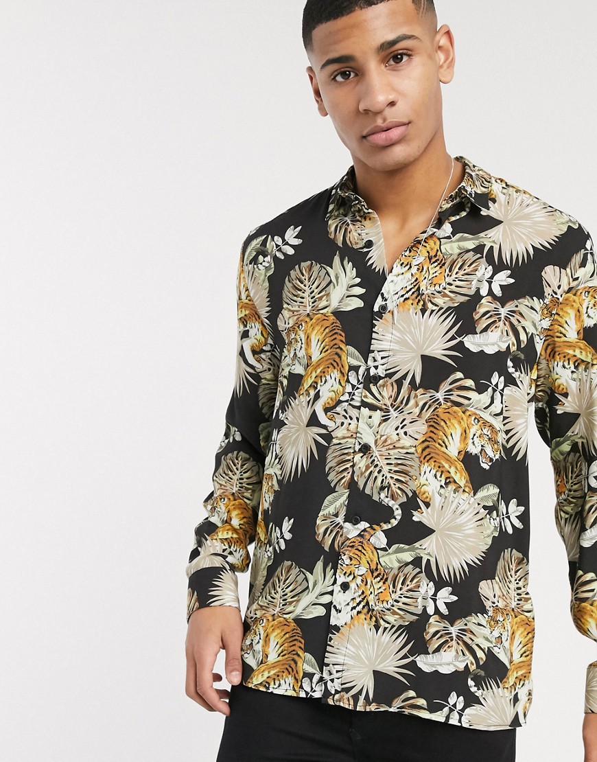 Topman - Overhemd met lange mouwen en tijgerprint in zwart