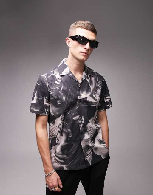 Topman - Overhemd met reverskraag en print van Griekse god in zwart