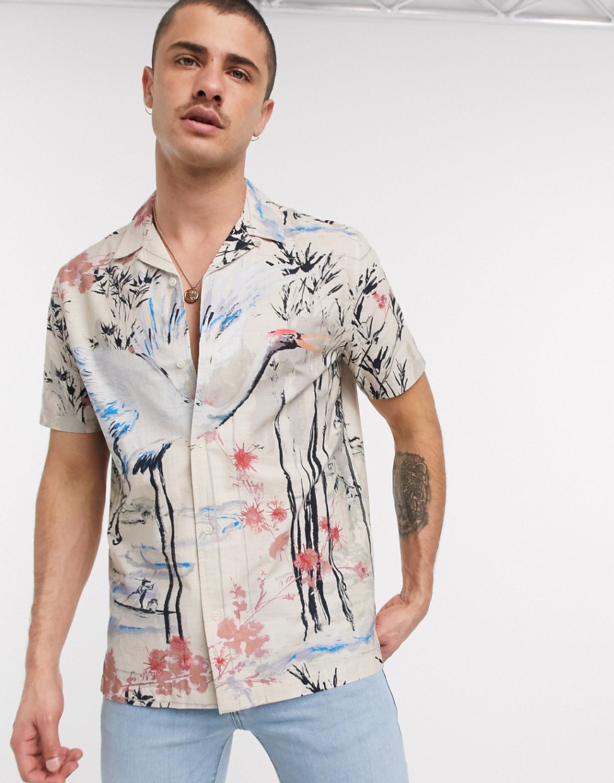 Topman - Overhemd met reverskraag, korte mouwen en print in kiezelkleur van slubkatoen-Multi