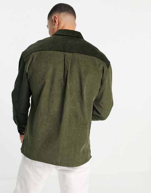 Topman - Overhemd van corduroy met 'cut & sew' vlakken in kaki, 2 van 4
