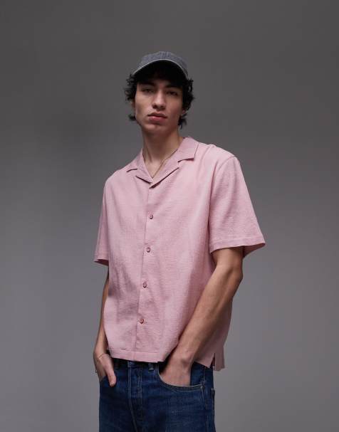 Topman - Overhemd van kreukelstof met korte mouwen in roze - view 1