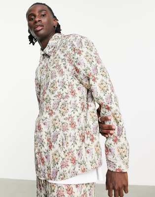 Topman overshirt in off white tapestry design co-ord