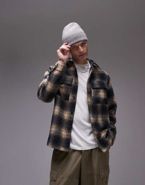 Topman - Overshirt met lange mouwen en ruiten in geborsteld bruin - view 1
