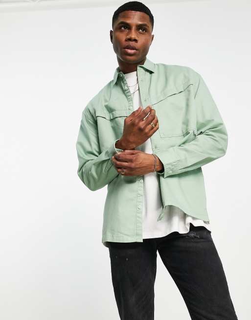 Topman overshirt with angled pocket in sage green | ASOS