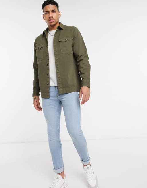 Topman overshirt with cord collar in khaki