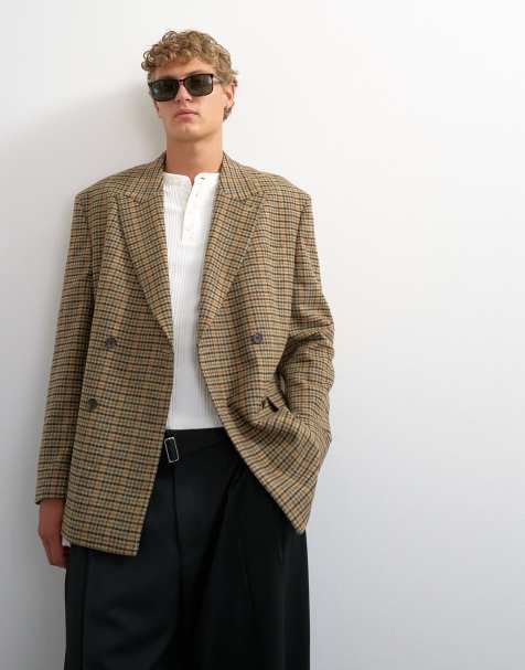 Topman Oversize-Blazer mit Struktur-Karo, zweireihig, mit Wollmix in Braun - view 1