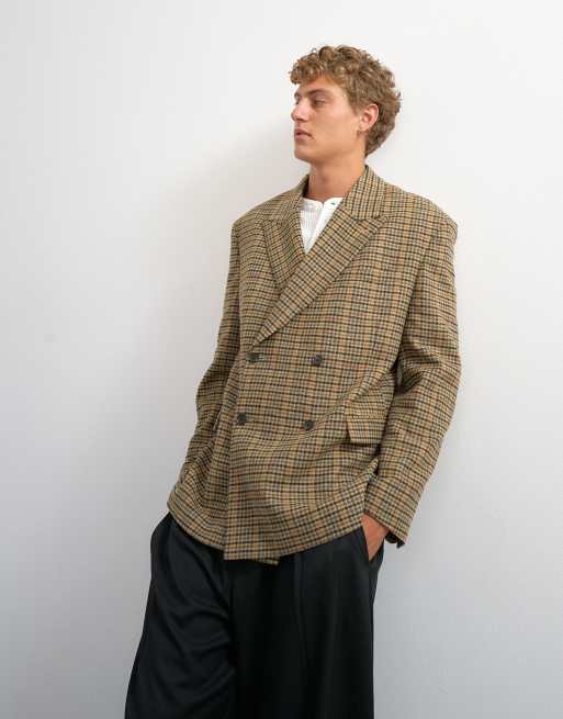 Topman Oversize-Blazer mit Struktur-Karo, zweireihig, mit Wollmix in Braun, 4 von 5