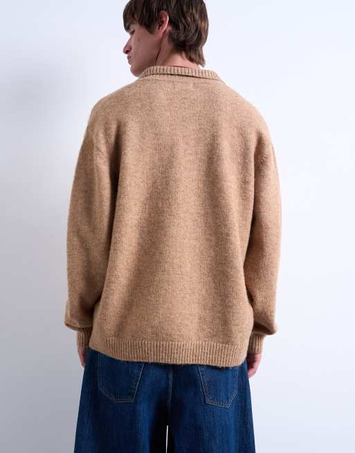 Topman oversize fit button through cardigan in stone, 5 of 5