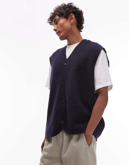Topman oversize fit button through vest in navy