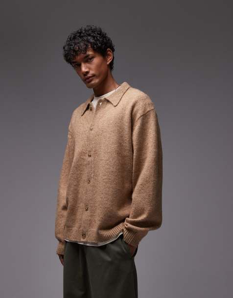 Topman oversize fit button up cardigan in stone - view 1
