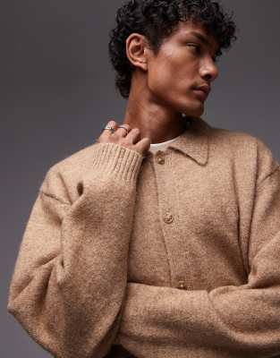 Topman Oversize Fit Button Up Cardigan In Brown