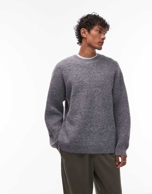 Topman oversize fit crew sweater in charcoal