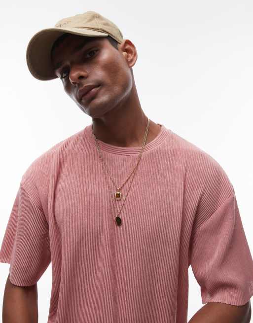 Topman oversize fit slub plisse t-shirt in pink