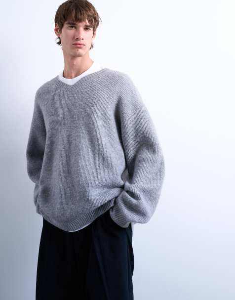 Topman oversize fit v neck jumper in grey - view 1