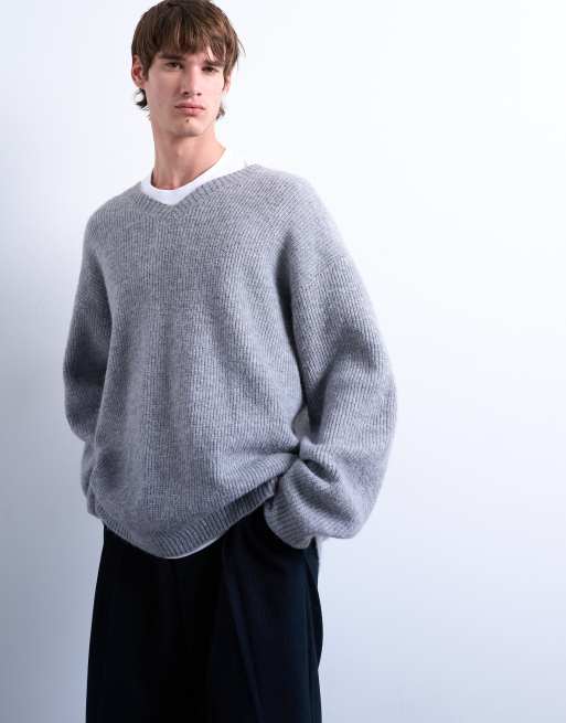 Topman oversize fit v neck jumper in grey