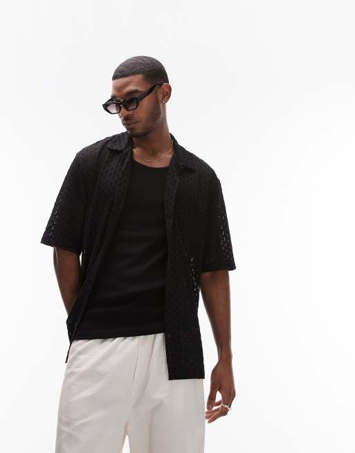 Topman – Oversize-Hemd in Schwarz aus Häkel-Jersey mit Polokragen und durchgehender Knopfleiste