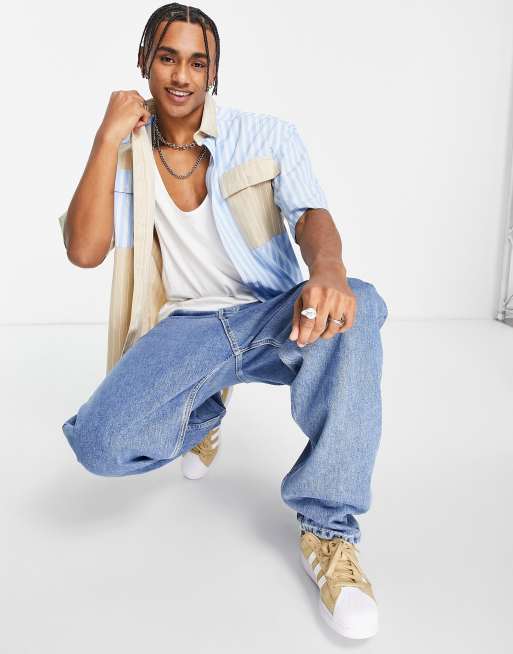 Topman – Oversize-Hemd in Stein und Blau mit geteiltem Streifenmuster, 3 von 4