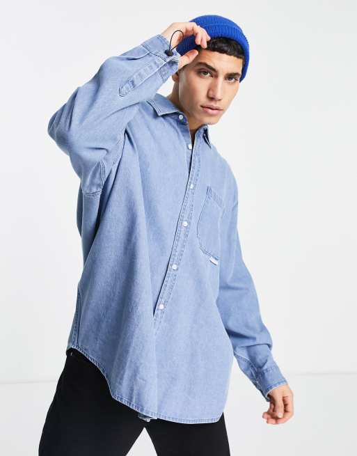 Topman – Oversize-Jeanshemd mit Bungee-Kordeldetails 