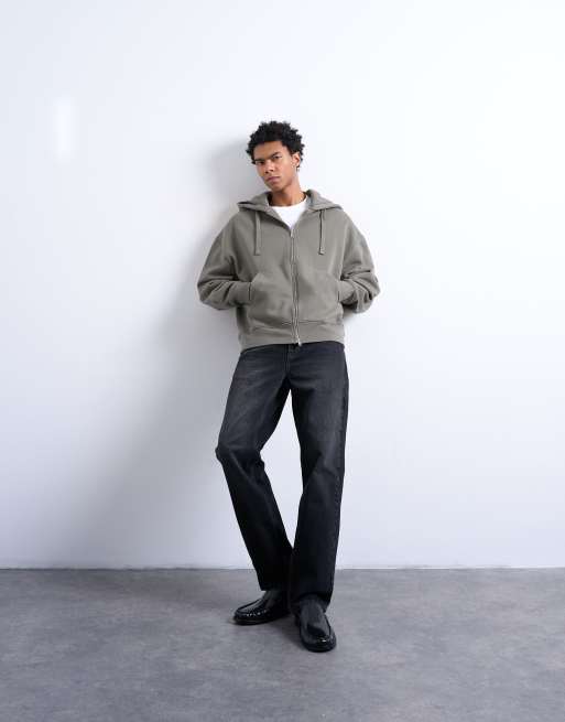 Topman – Oversize-Kapuzenjacke aus schwerem Material in Olivgrün mit Reißverschluss, 2 von 5