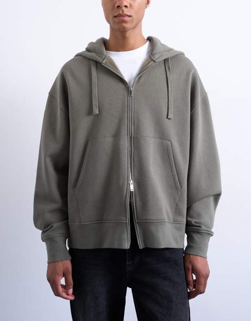 Topman – Oversize-Kapuzenjacke aus schwerem Material in Olivgrün mit Reißverschluss, 3 von 5