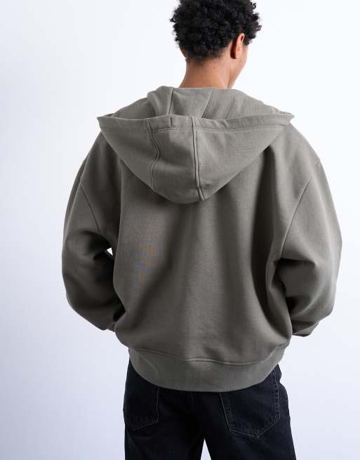 Topman – Oversize-Kapuzenjacke aus schwerem Material in Olivgrün mit Reißverschluss, 4 von 5