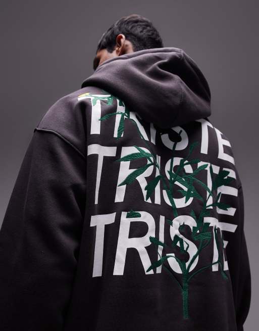 Topman – Oversize-Kapuzenpullover in Anthrazit mit Print und Blumenstickerei auf Vorder- und Rückseite, 4 von 4