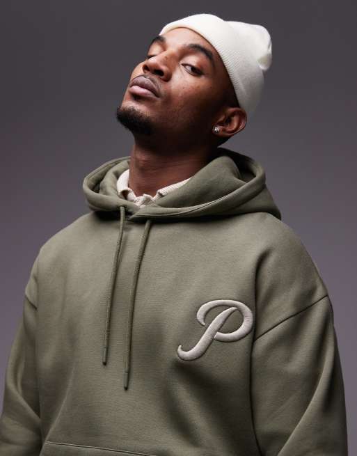 Topman – Oversize-Kapuzenpullover in Khaki mit „Promises“-Stickerei auf Vorder- und Rückseite, 2 von 4