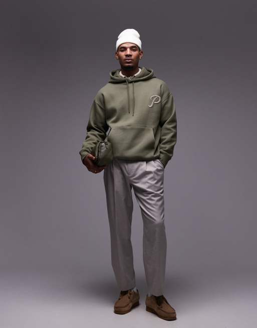 Topman – Oversize-Kapuzenpullover in Khaki mit „Promises“-Stickerei auf Vorder- und Rückseite, 3 von 4