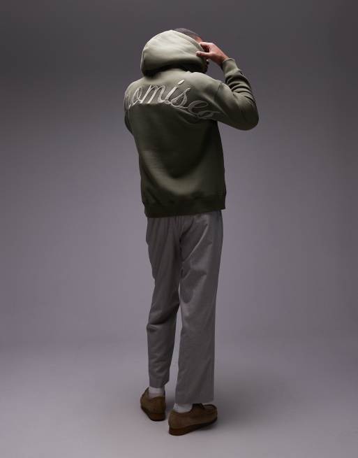 Topman – Oversize-Kapuzenpullover in Khaki mit „Promises“-Stickerei auf Vorder- und Rückseite, 4 von 4