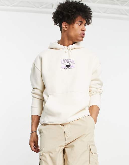Topman – Oversize-Kapuzenpullover in Stein mit „Utopia“-Stickerei 